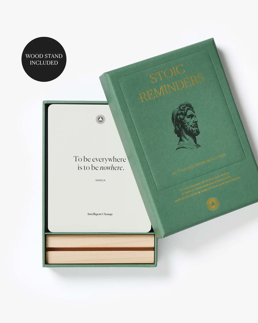 Green book titled 'Stoic Reminders' with a quote on a white background