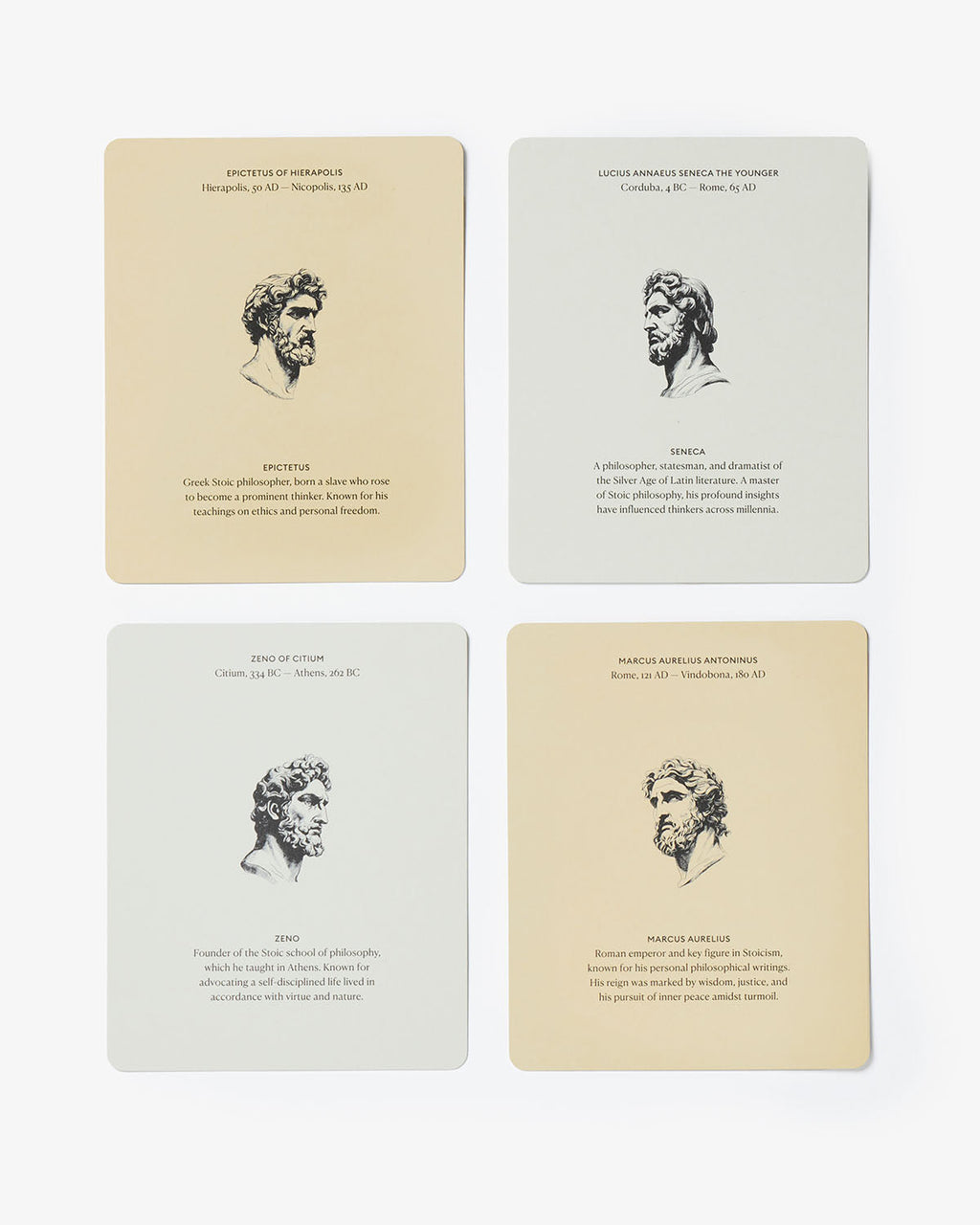 Four cards with classical portraits and text on a white background
