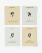 Four cards with classical portraits and text on a white background