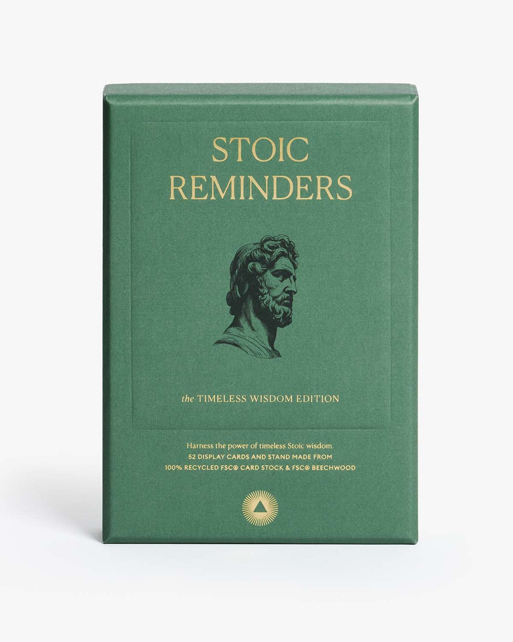 Green book titled 'Stoic Reminders' with a classical bust illustration on a white background