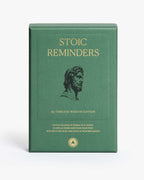 Green book titled 'Stoic Reminders' with a classical bust illustration on a white background