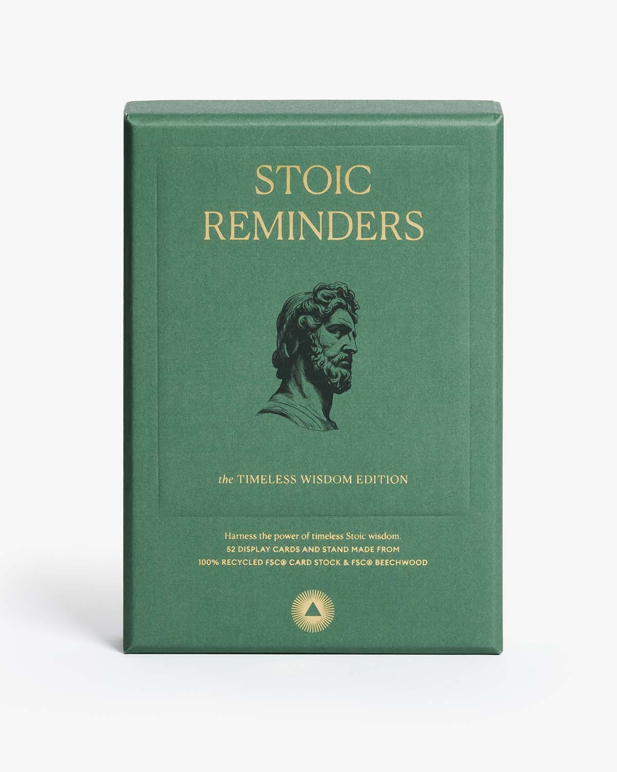 Green book titled 'Stoic Reminders' with a classical bust illustration on a white background