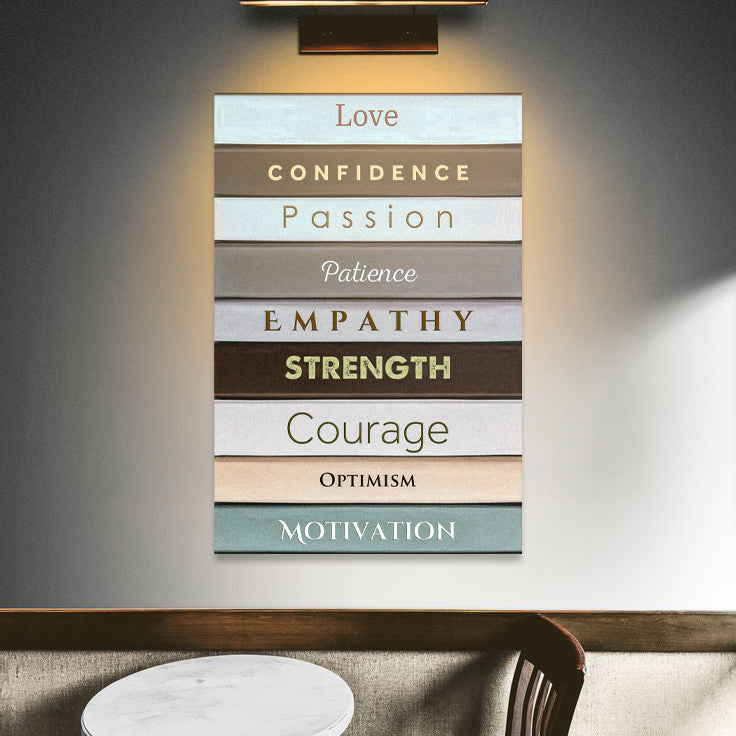 Wall art with motivational words on a gray wall above a wooden table.