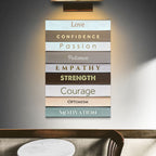 Wall art with motivational words on a gray wall above a wooden table.