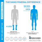 Comparison of absorption rates for standard mineral supplements and Nano Minerals, with a blue and gray figure illustration.