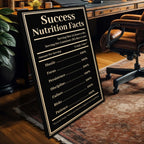 Decorative sign titled 'Success Nutrition Facts' in a home office setting.
