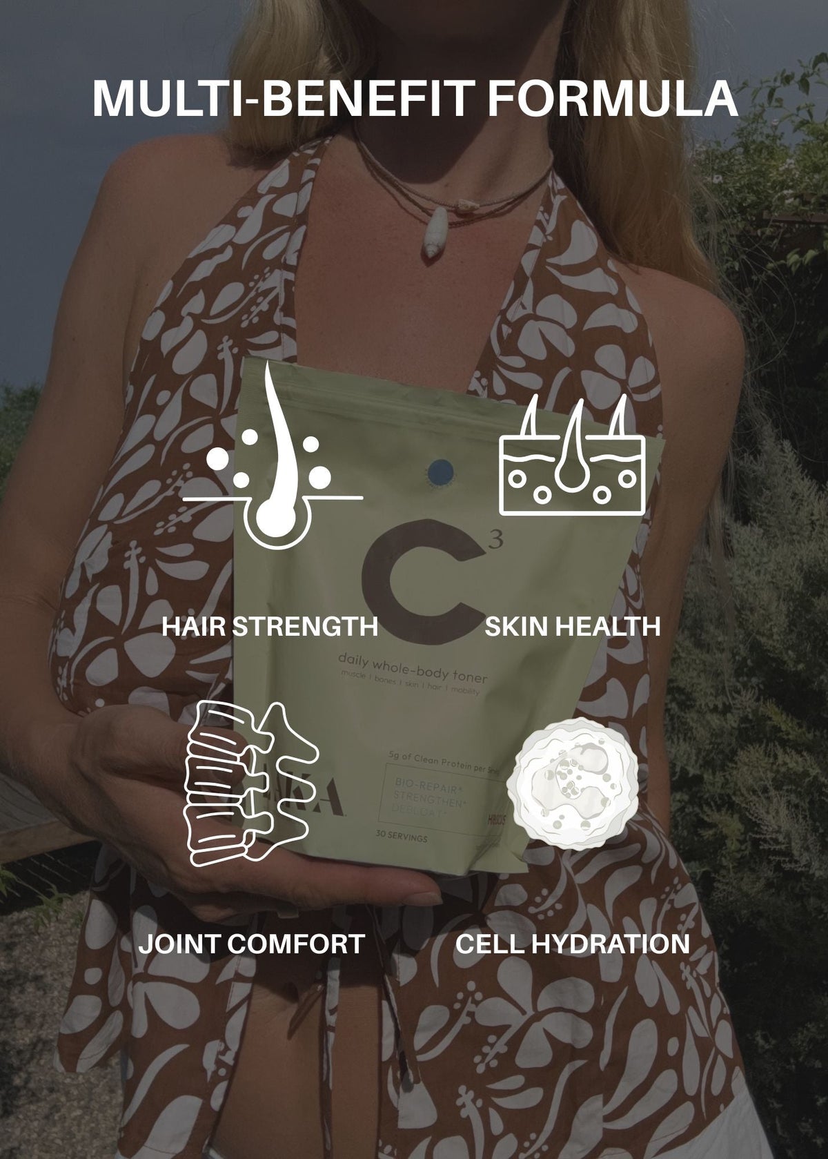 A woman outdoors holds a green supplement pouch labeled with icons and text for hair strength, skin health, joint comfort, and cell hydration. The image includes a large semi-transparent 'C' graphic overlay.