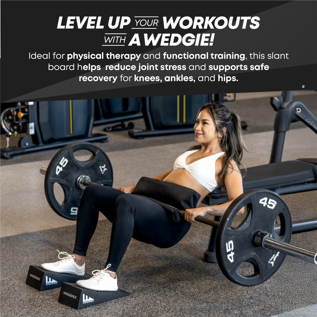 A woman in a gym performing a glute bridge with a barbell, supported by wedge platforms. Promotional text at the top reads 'LEVEL UP YOUR WORKOUTS WITH A WEDGE!'.