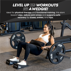 A woman in a gym performing a glute bridge with a barbell, supported by wedge platforms. Promotional text at the top reads 'LEVEL UP YOUR WORKOUTS WITH A WEDGE!'.