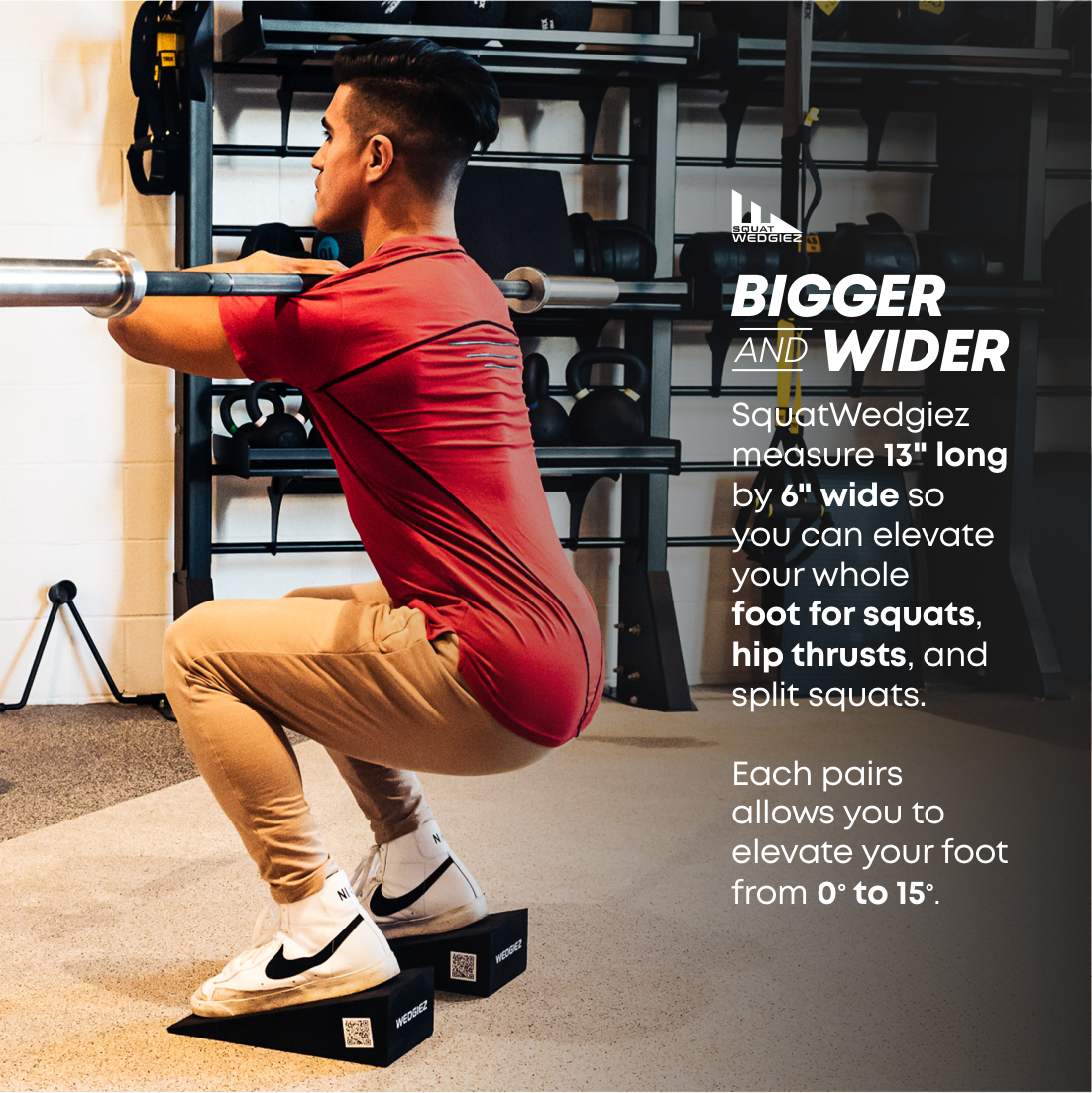 A man in a gym wearing a red shirt and tan pants performs a squat on wedge platforms branded WedgeGizz, with text on the right explaining the foot-elevation feature.