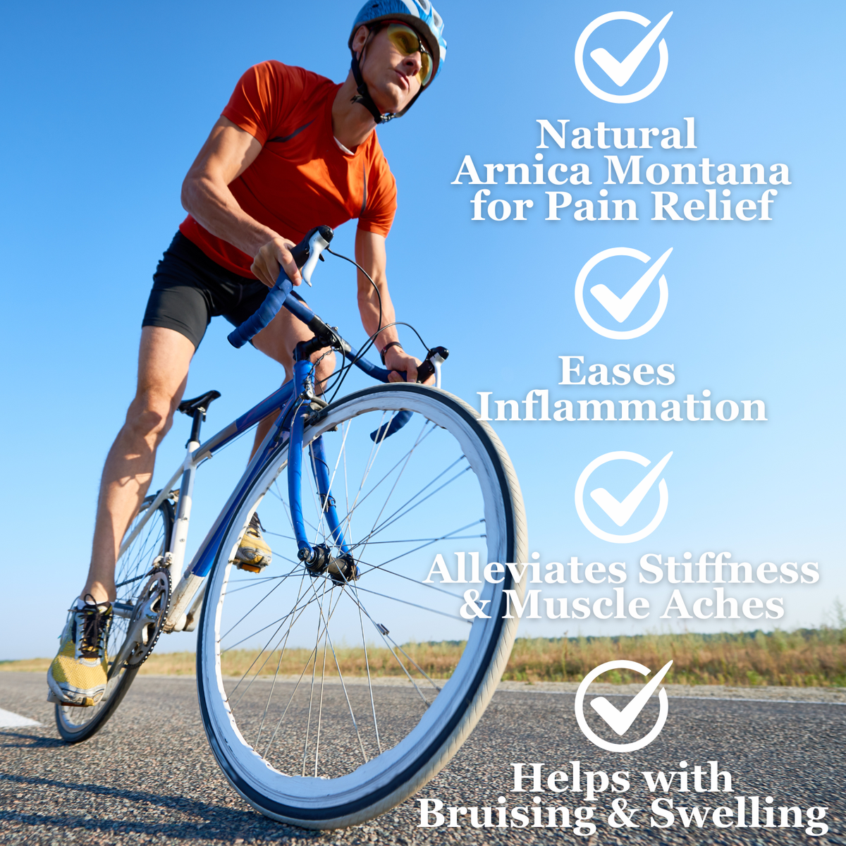 Person riding a bicycle on a road with text about Arnica Montana for pain relief.