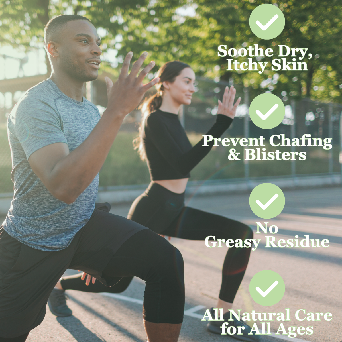 Two people exercising outdoors with text highlighting product benefits.