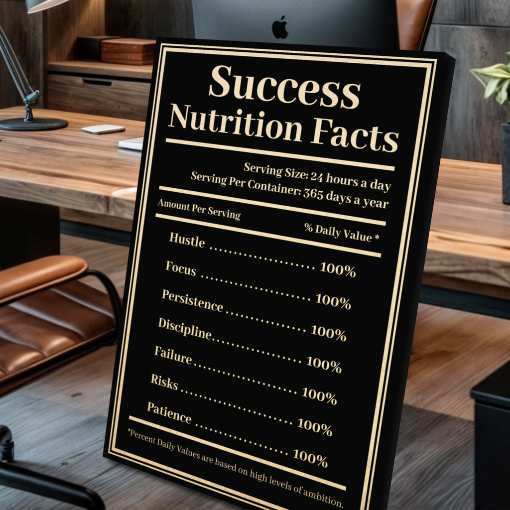 Decorative sign titled 'Success Nutrition Facts' in a home office setting.
