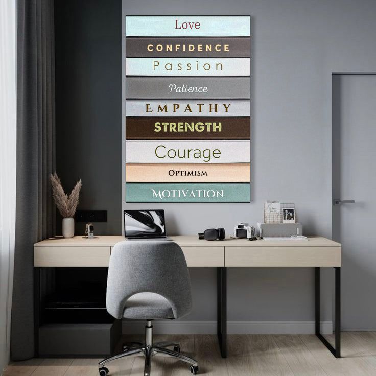 Decorative wall art with motivational words above a desk in an office setting.