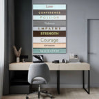 Decorative wall art with motivational words above a desk in an office setting.