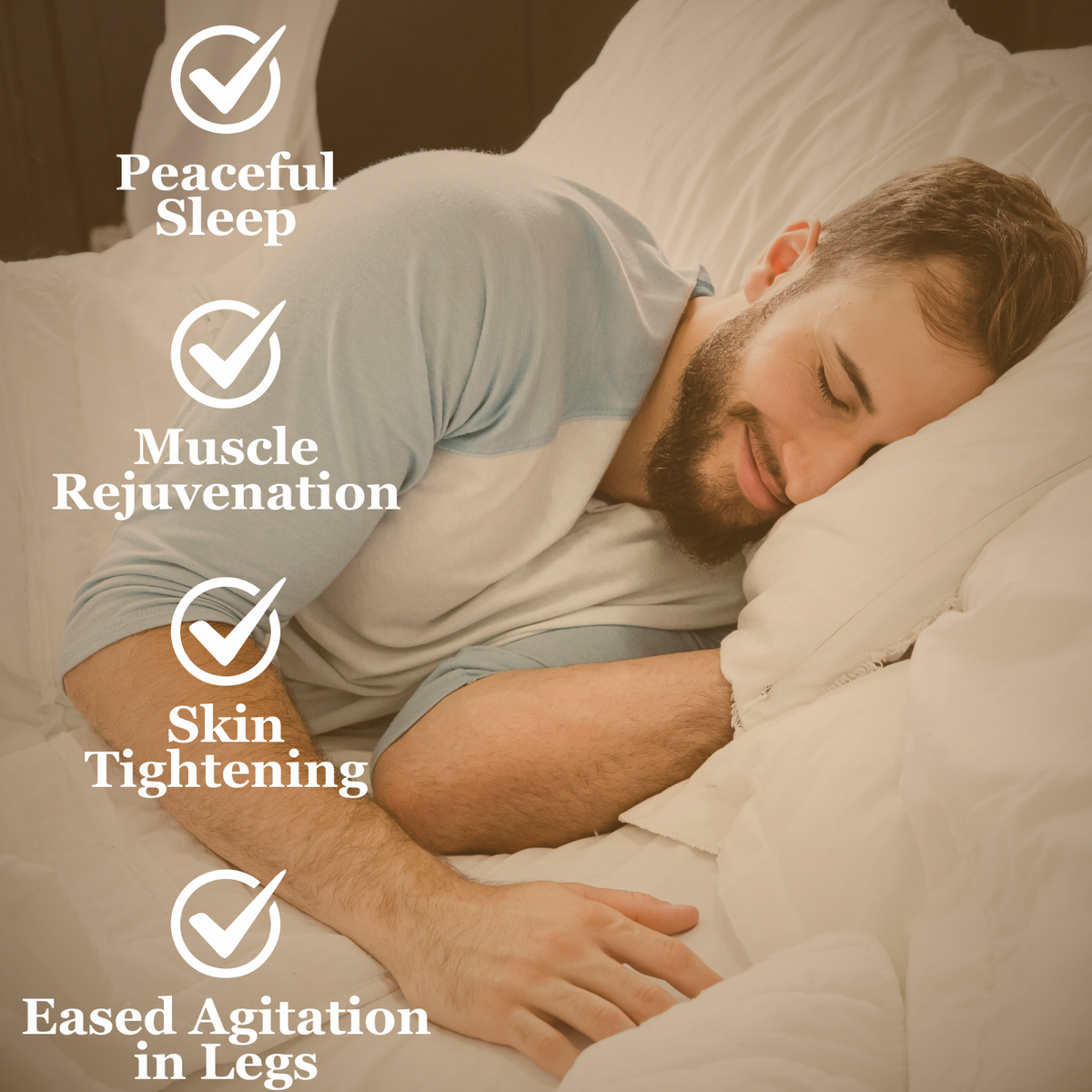 Man sleeping soundly with text indicating benefits of peaceful sleep