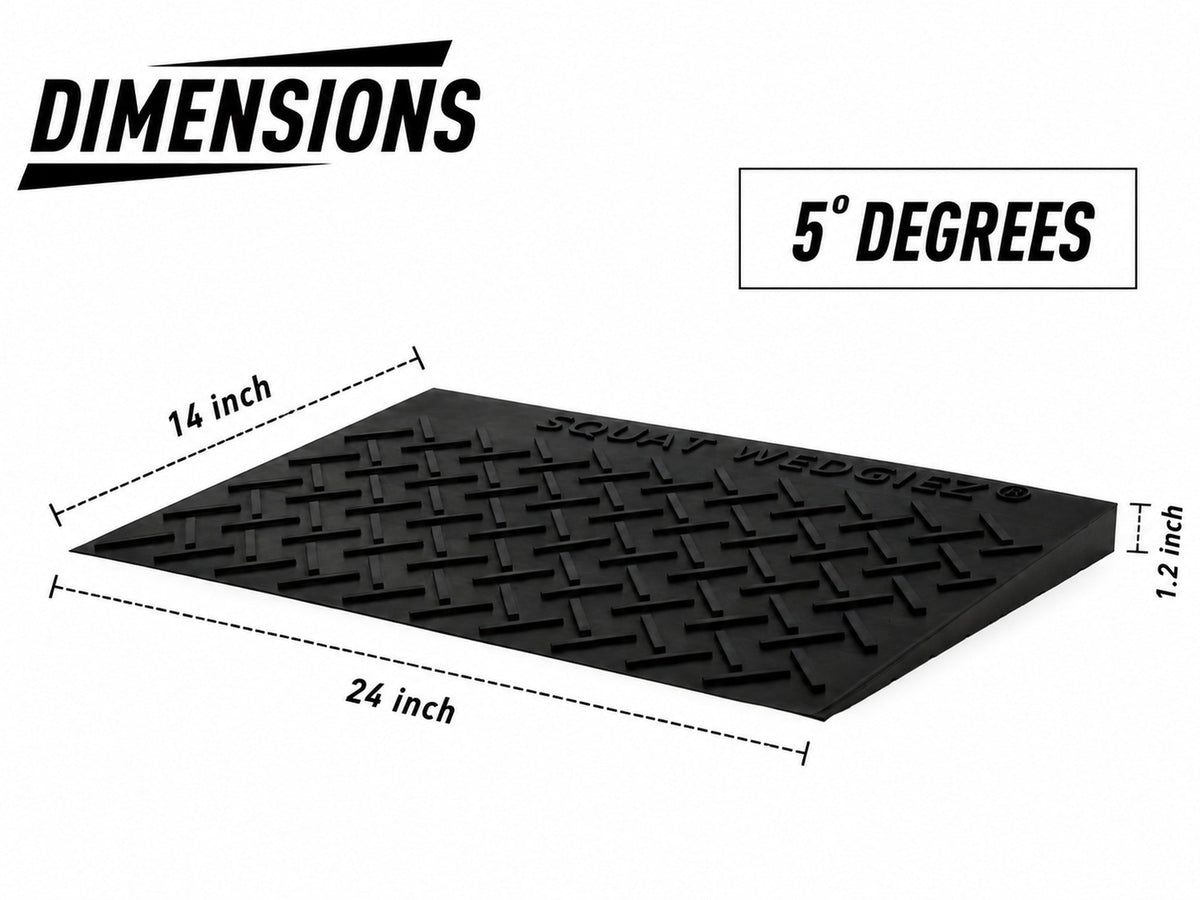 Black rubber squats wedges shown with dimension annotations indicating 14 inch width, 24 inch length, and 1.2 inch thickness, plus a label stating 5 degrees.