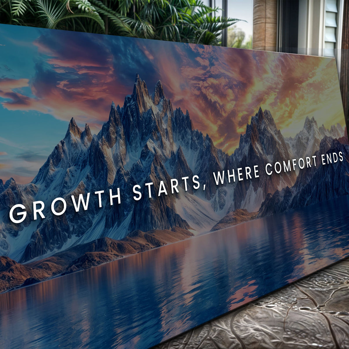 Large canvas print of a mountain landscape with a motivational quote.