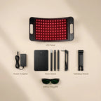 LED panel with power adapter, floor stand, tabletop stand, and safety goggles on a beige background