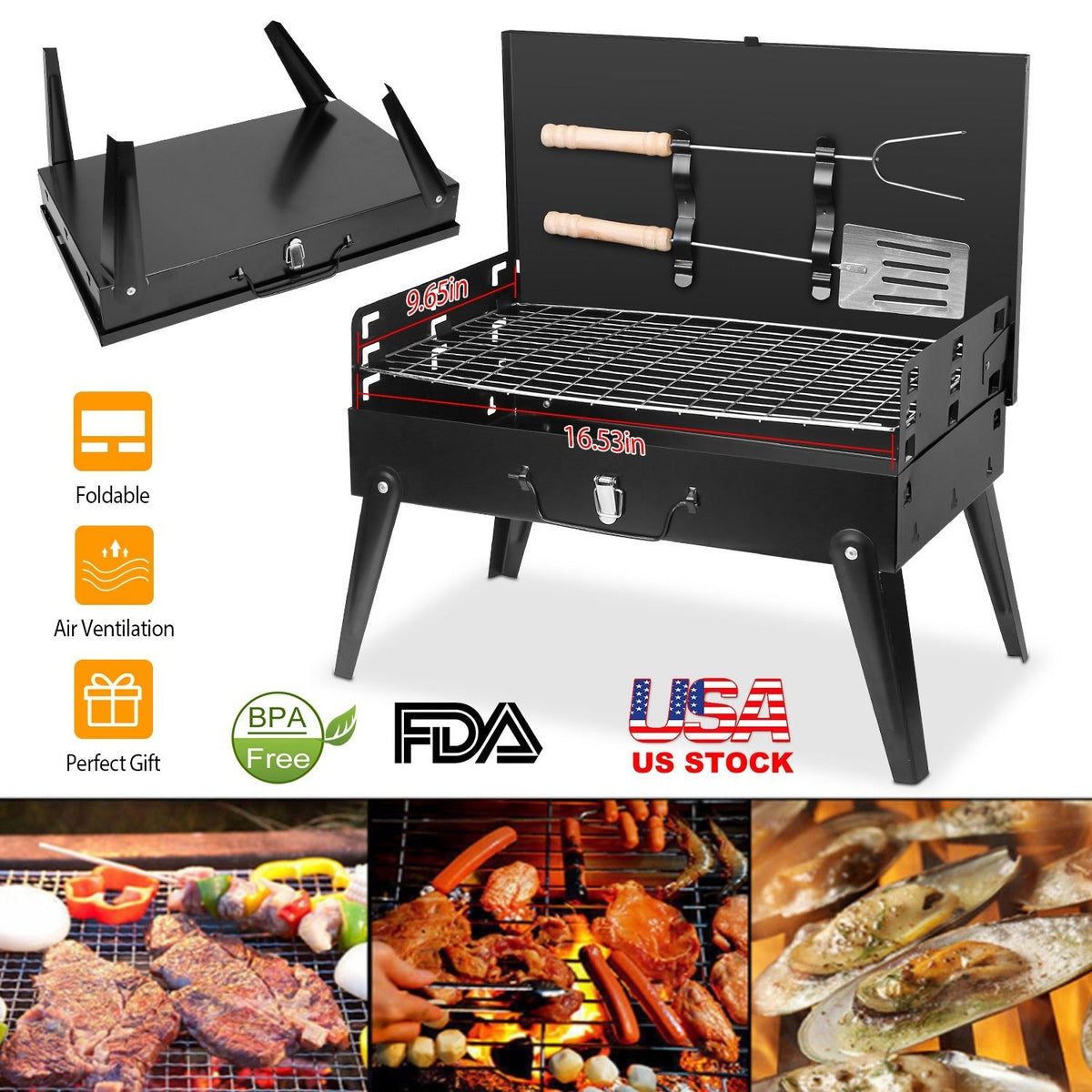 Black portable grill with accessories on a white background, featuring FDA and USA stock logos.