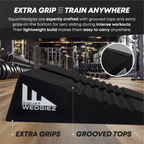 Black SquatWedgiez wedge bench with extra grips and grooved tops, shown in a gym setting with text overlays explaining its features.