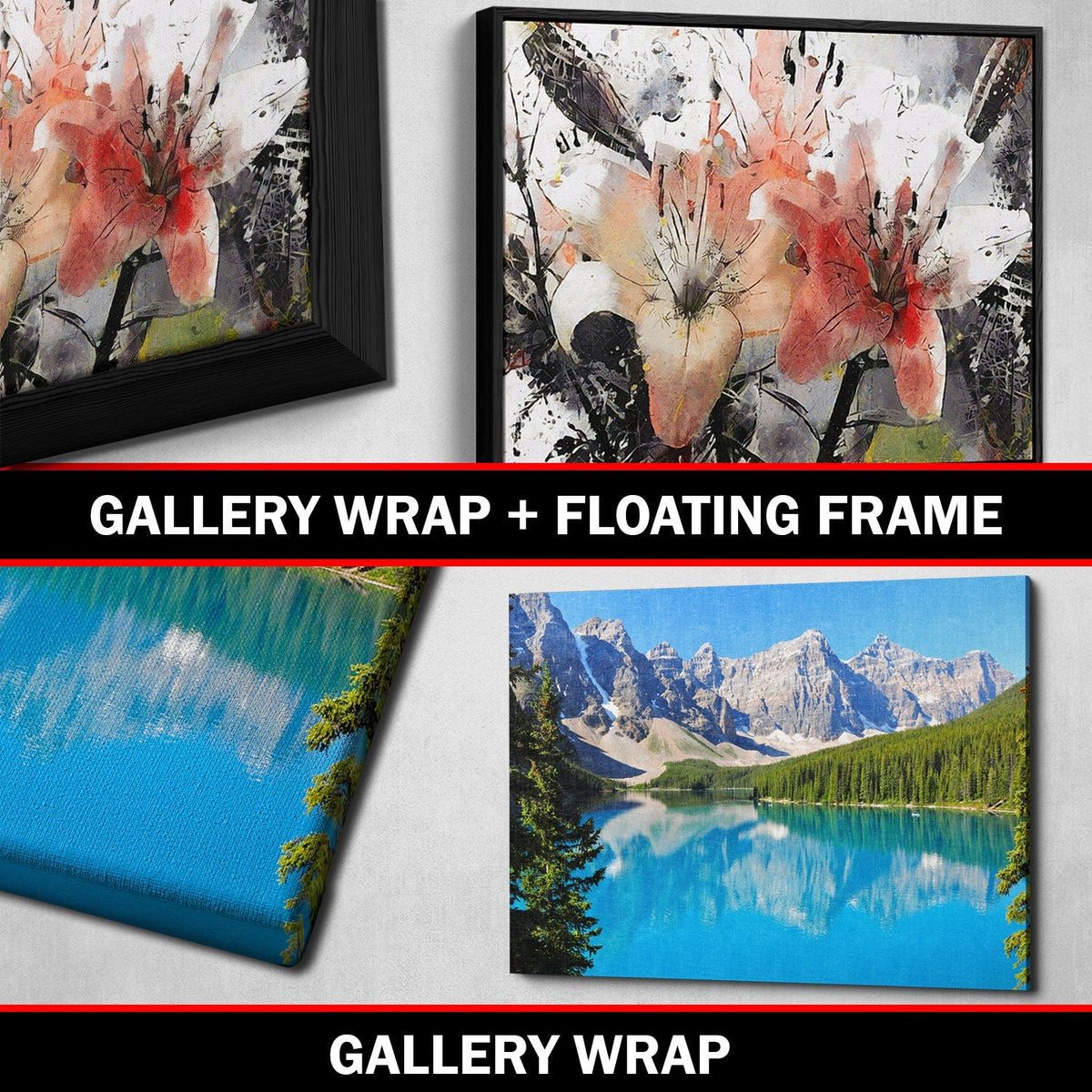 Collage of two framed artworks with 'Gallery Wrap + Floating Frame' text and a scenic landscape canvas with 'Gallery Wrap' text.