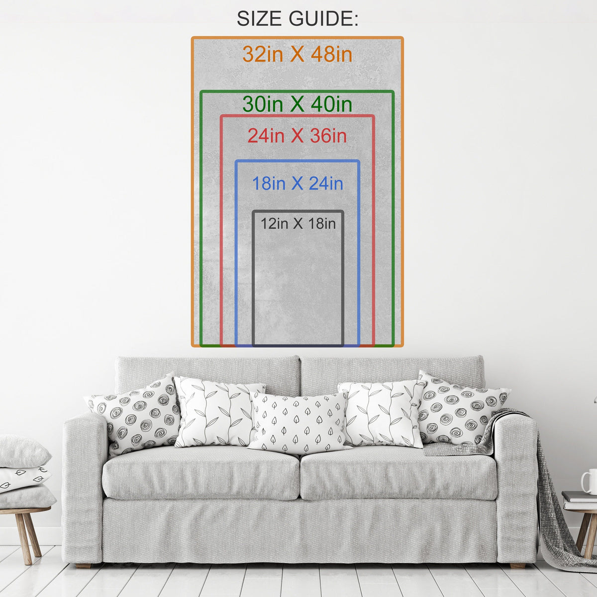 Size guide for prints displayed on a wall above a sofa with decorative pillows.