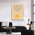 Living room with a motivational quote on a wall, featuring a sun symbol.