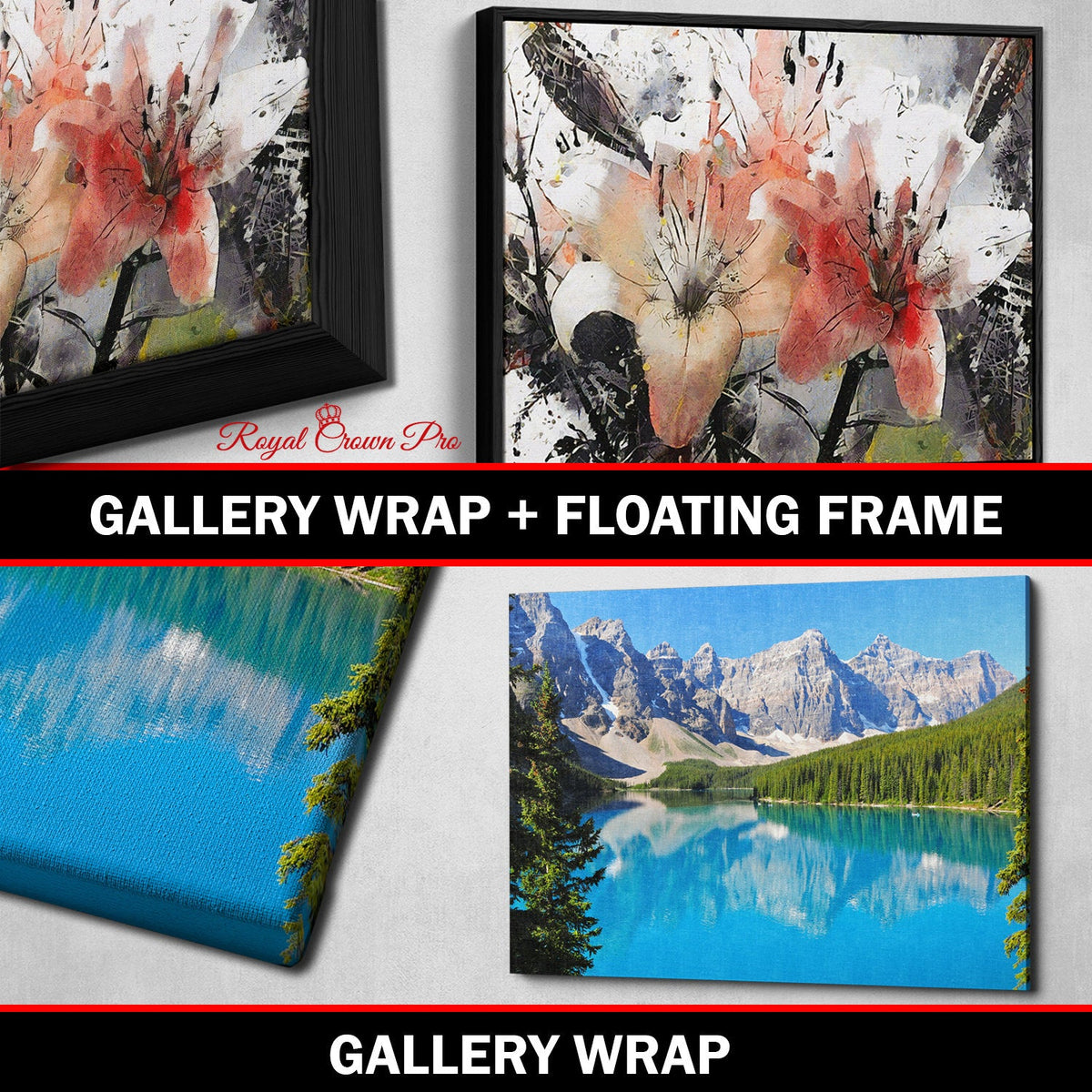 Canvas prints with 'Royal Crown Pro' branding, featuring floral and mountain landscapes.