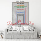 Size guide for wall art displayed above a sofa with 'Royal Crown Pro' branding.