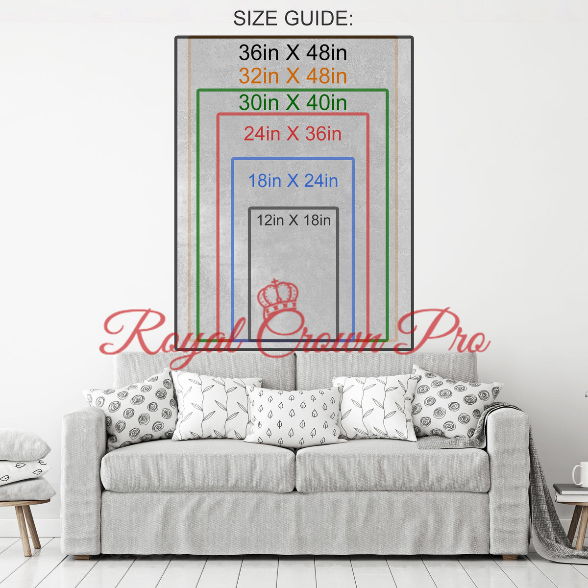 Size guide for wall art displayed above a sofa with 'Royal Crown Pro' branding.