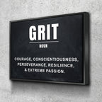 A framed wall art print featuring a chalkboard-style background with the word 'GRIT' in large white letters and a dictionary-style definition below, mounted against a light gray textured wall.