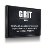 A framed wall art print with a dark chalkboard-style background and white text reading “GRIT,” followed by “noun” and a definition listing courage, conscientiousness, perseverance, resilience, and extreme passion.