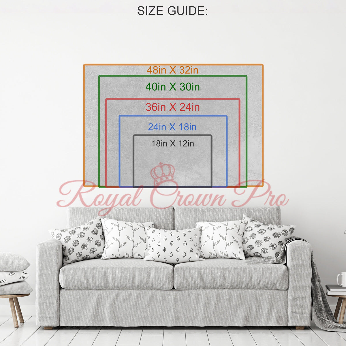 Size guide for a decorative item displayed on a sofa with 'Royal Crown Pro' branding.