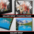Canvas prints with 'Royal Crown Pro' branding, featuring floral and mountain landscapes.