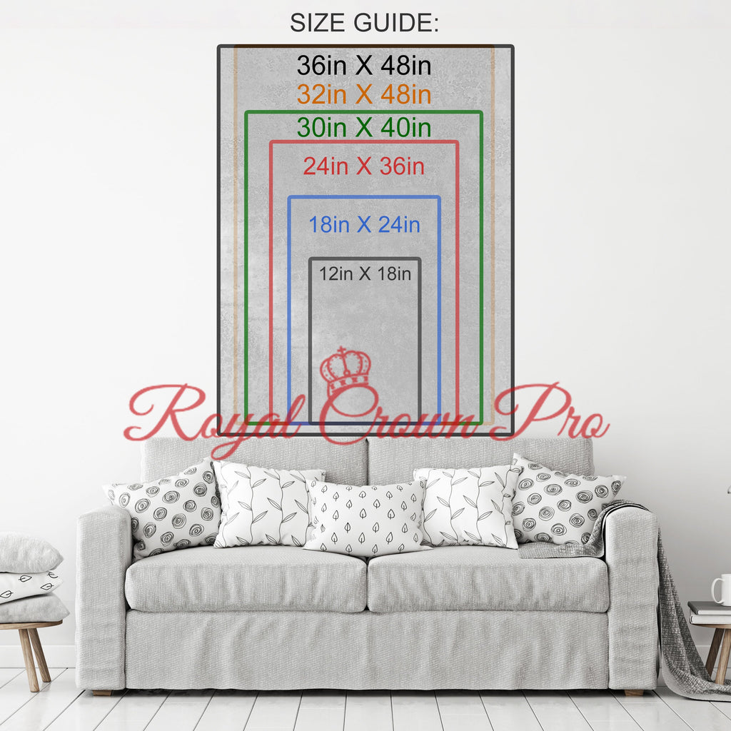 Size guide for wall art displayed above a sofa with 'Royal Crown Pro' branding.