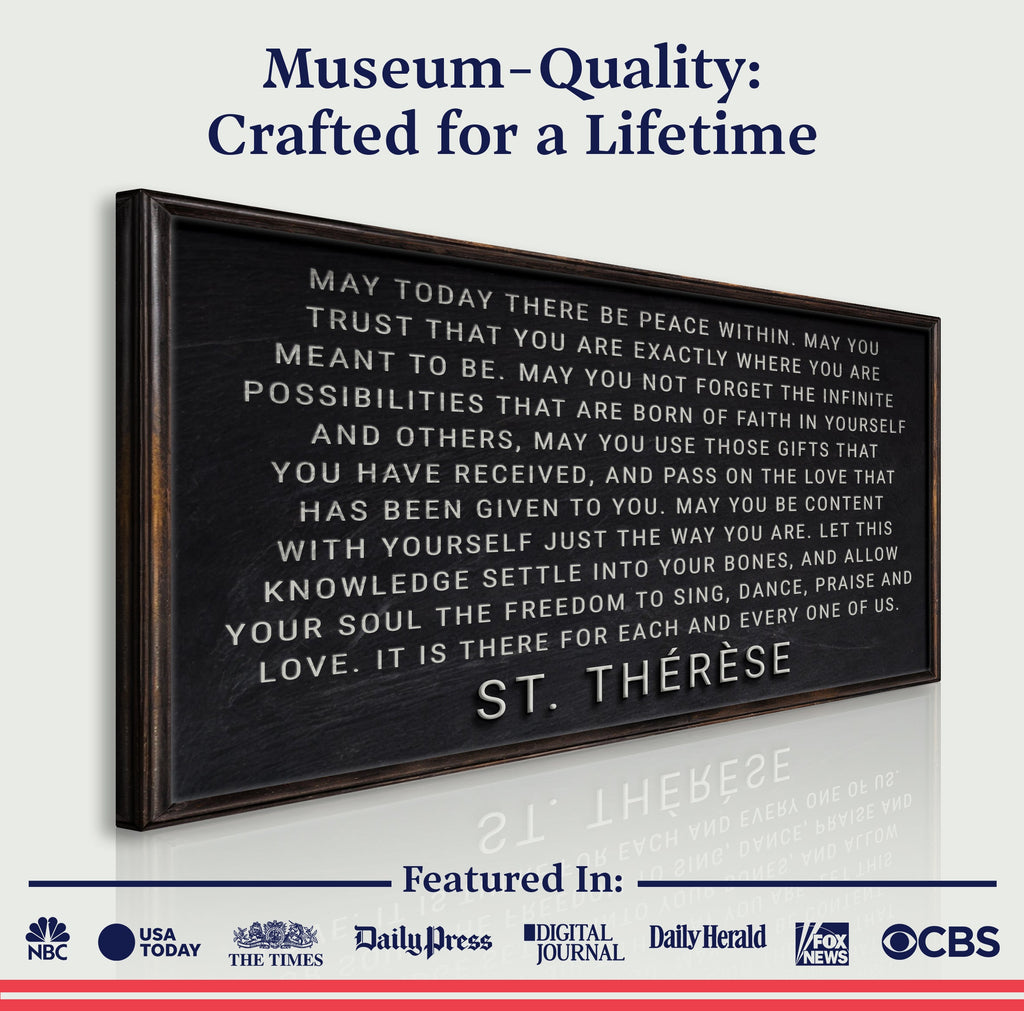 Framed quote by St. Therese on a white background with branding logos at the bottom.