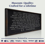 Framed quote by St. Therese on a white background with branding logos at the bottom.