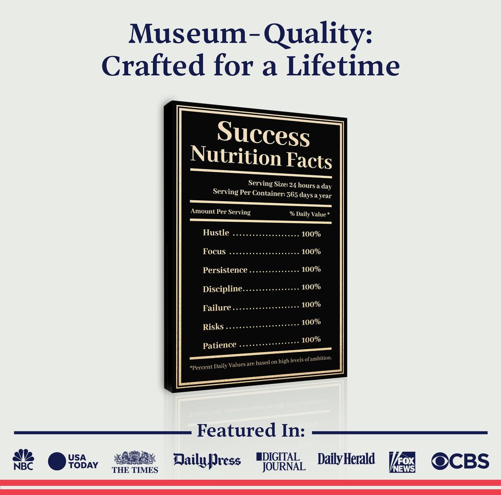 Framed poster titled 'Success Nutrition Facts' on a white background with branding at the bottom.