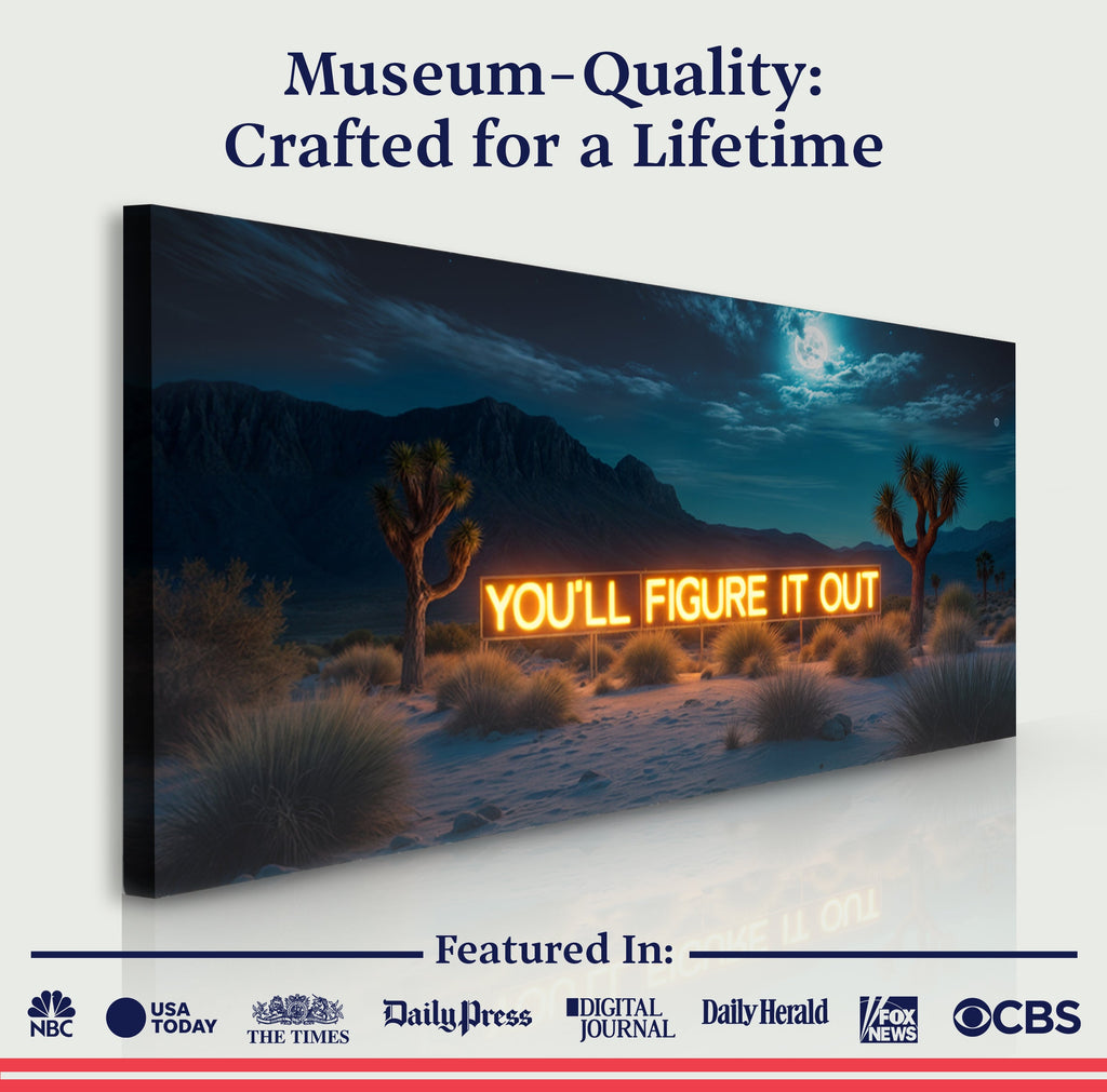 Canvas print of a desert scene with a sign 'You'll Figure It Out' against a mountainous background.