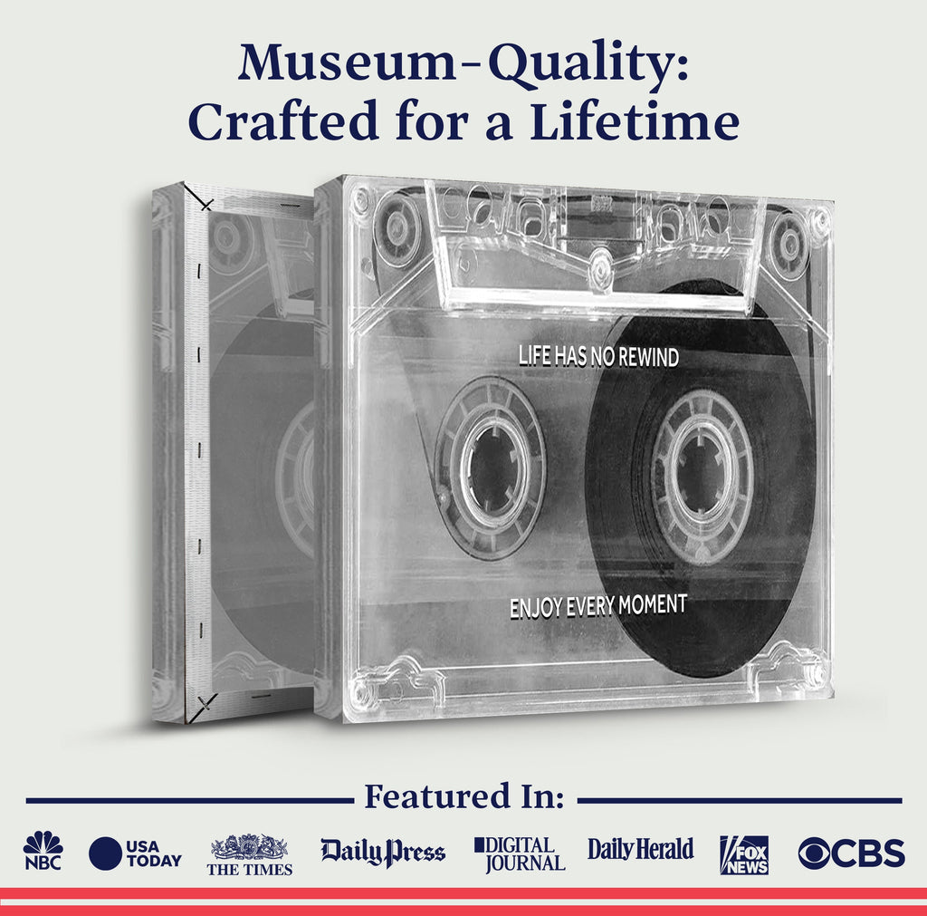 Clear cassette tape with text 'Life has no rewind, enjoy every moment' on a light gray background.
