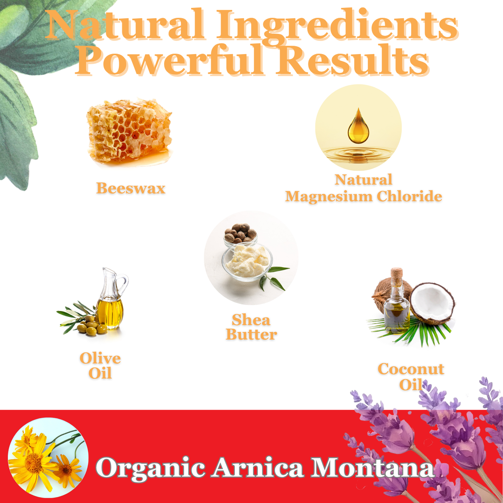 Promotional graphic of natural ingredients with labels and Organic Arnica Montana branding.