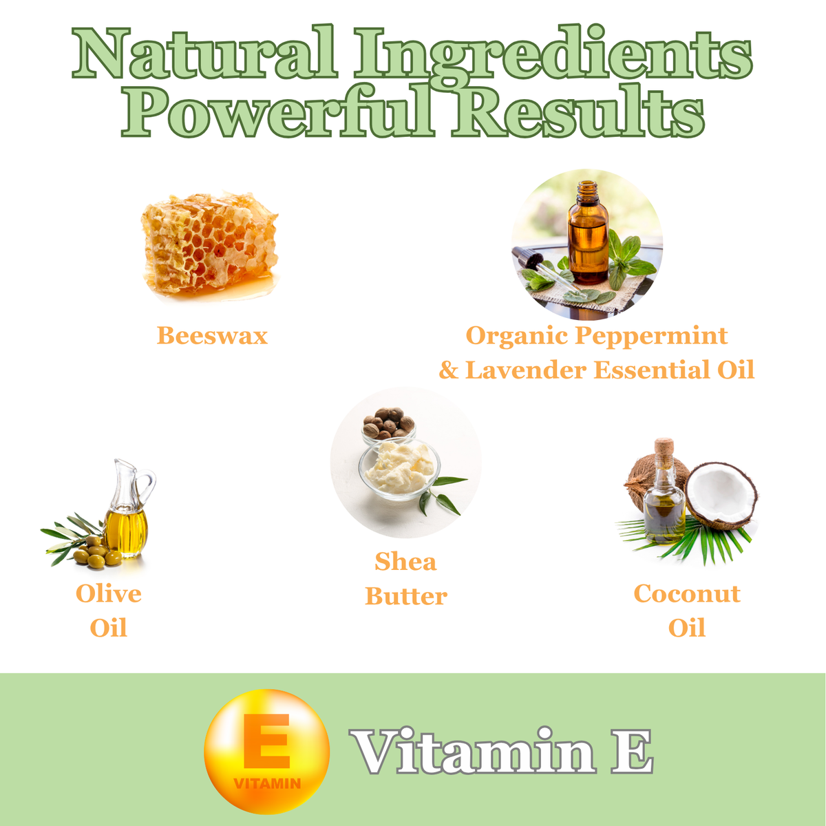 List of natural ingredients with corresponding images and text on a white background.