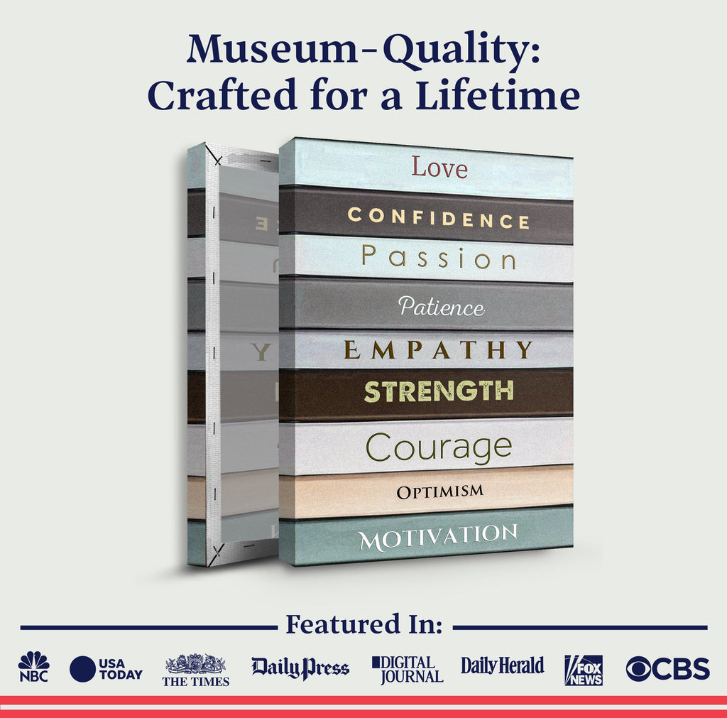 Stack of books with motivational titles on a light gray background, featuring news outlet logos at the bottom.