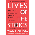 Book cover for 'Lives of the Stoics' by Ryan Holiday and Stephen Hanelman, featuring a coral-red background with large white title text and small portrait circles integrated into the word 'STOICS'.