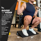 A man performing a squat on a black 14 x 24 inch wedge bench in a gym, with text overlays highlighting the larger and wider slant board design.