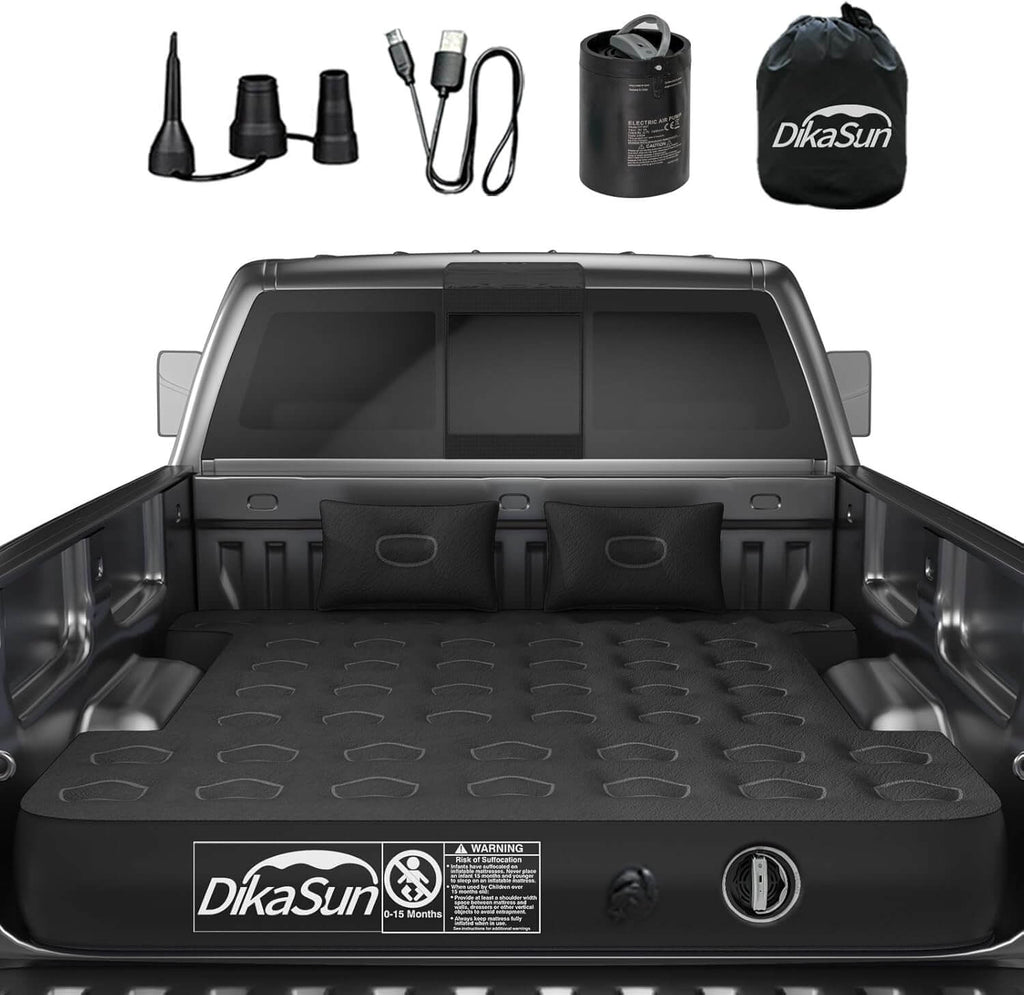 DikaSun inflatable mattress set in a truck bed with accessories on a white background