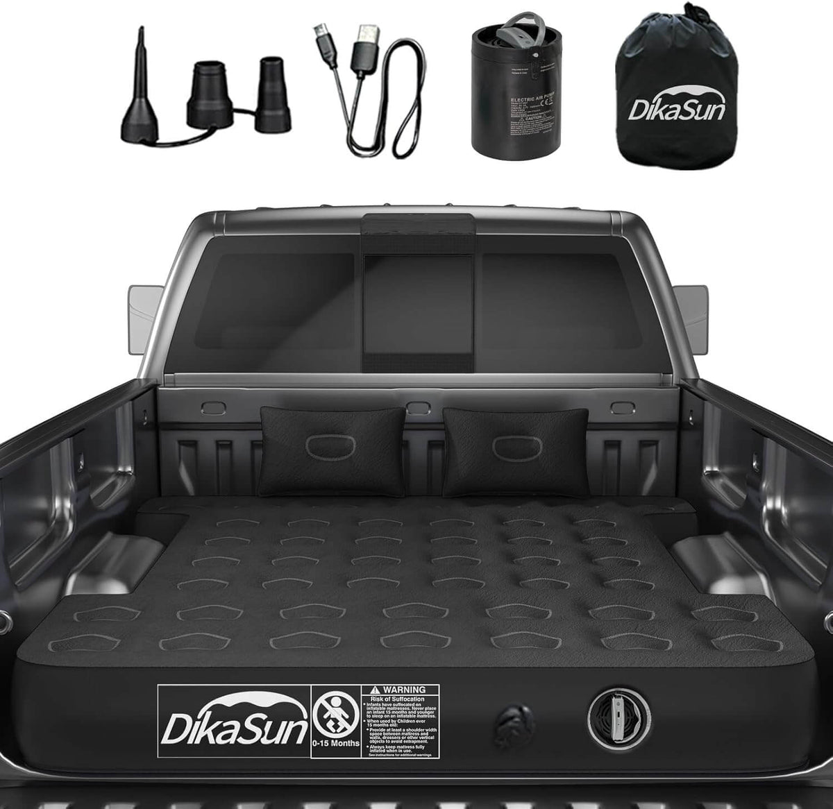 DikaSun inflatable mattress set in a truck bed with accessories on a white background