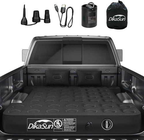 DikaSun inflatable mattress set in a truck bed with accessories on a white background