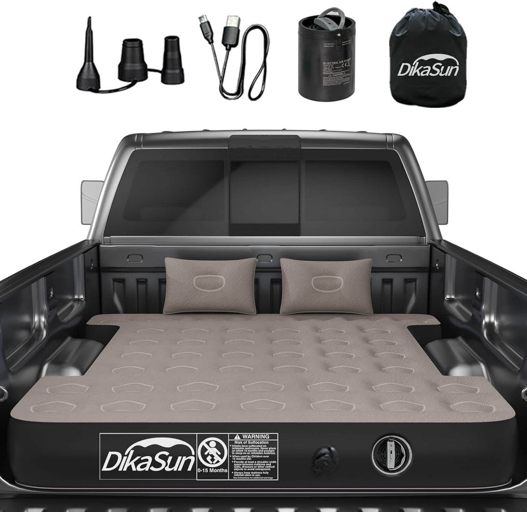 DikaSun inflatable mattress set in a truck bed with accessories on a white background